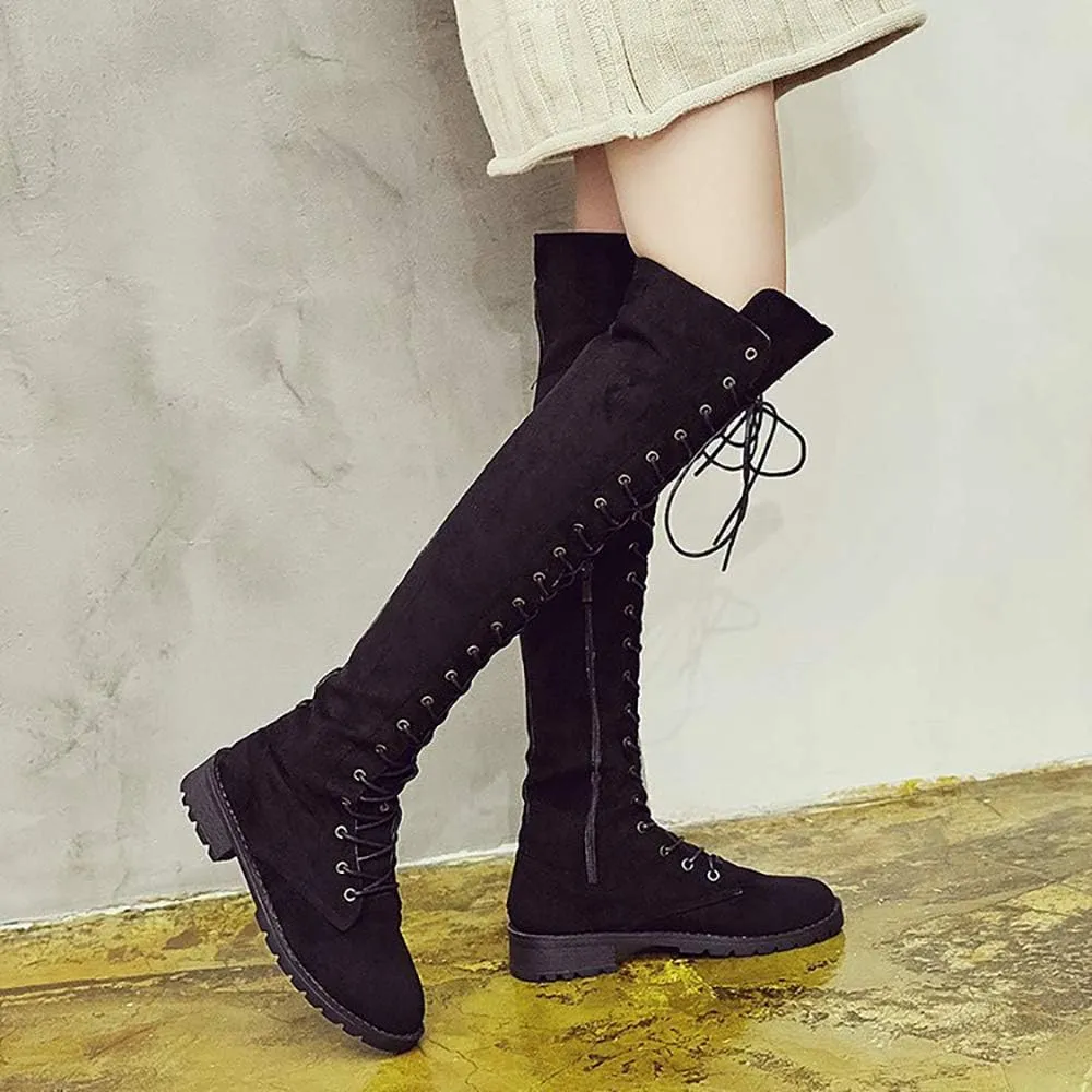JITUUE Women Flat Over The Knee Round Toe Lace-up Long Leather Boots