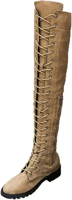 JITUUE Women Flat Over The Knee Round Toe Lace-up Long Leather Boots