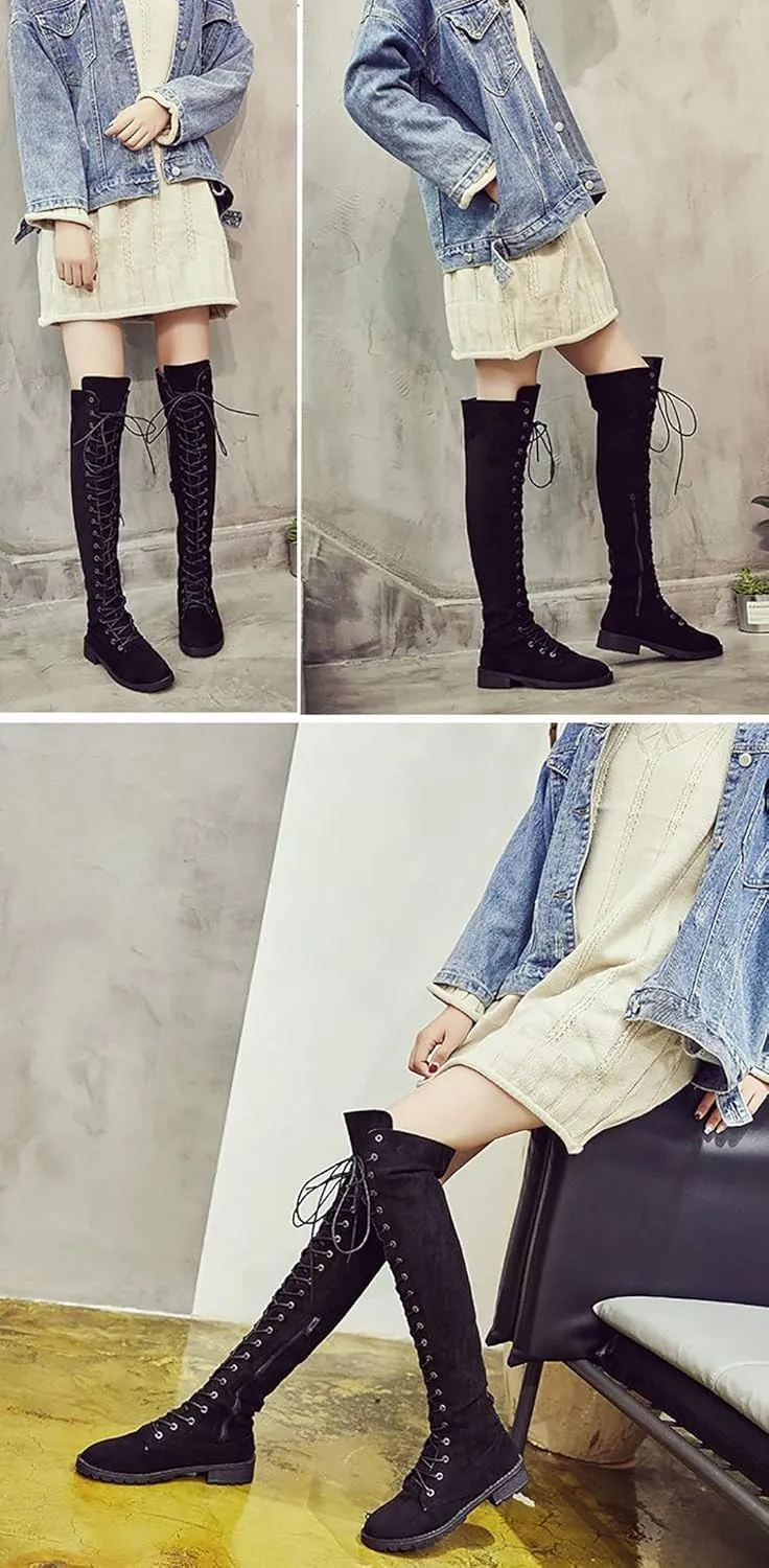 JITUUE Women Flat Over The Knee Round Toe Lace-up Long Leather Boots