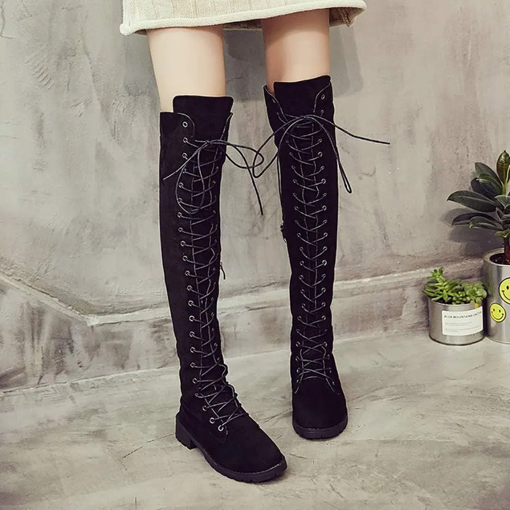 JITUUE Women Flat Over The Knee Round Toe Lace-up Long Leather Boots
