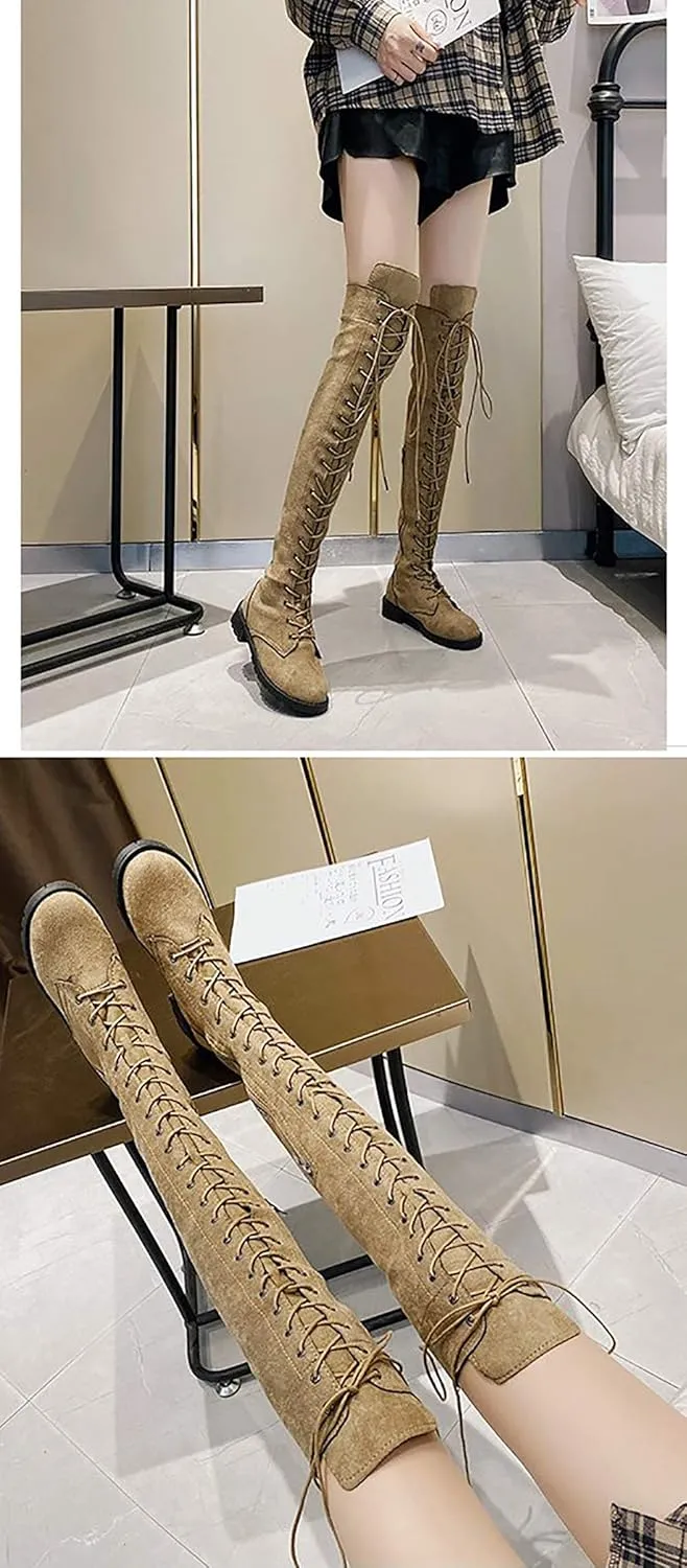 JITUUE Women Flat Over The Knee Round Toe Lace-up Long Leather Boots