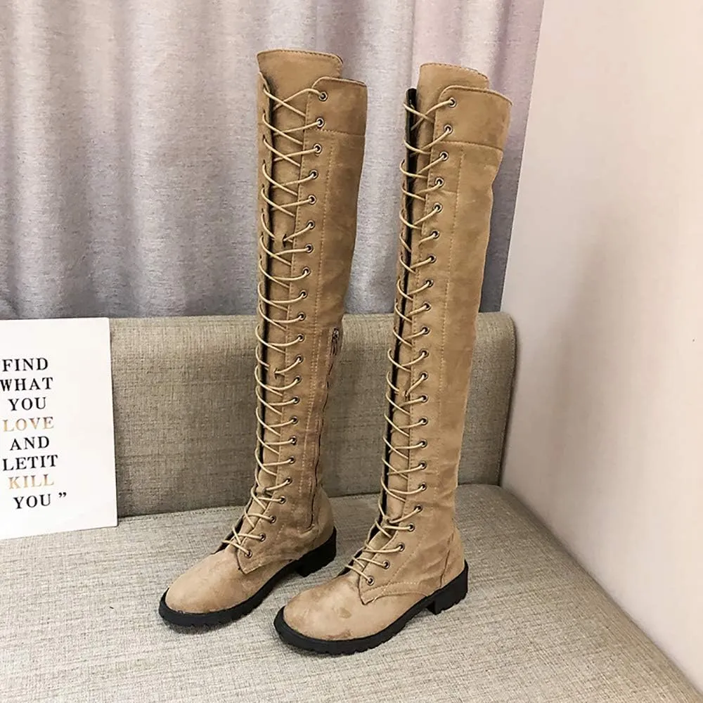 JITUUE Women Flat Over The Knee Round Toe Lace-up Long Leather Boots