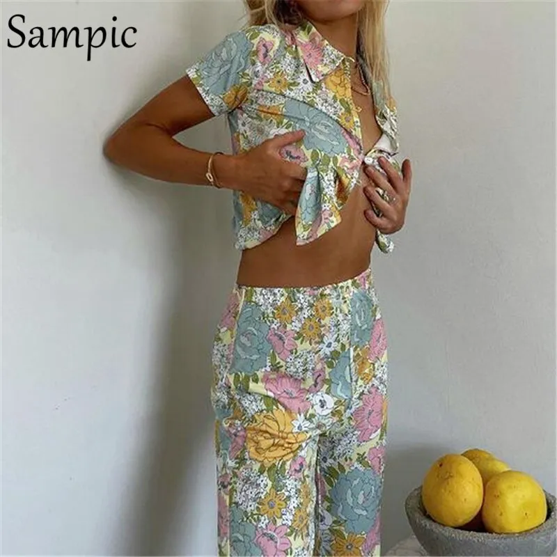 Joskaa Christmas Gift Sampic Y2K Casual Chic Women Summer Tracksuit 2024 Pants Set Floral Print Shirt Tops And High Waist Pants Long Two Piece Set