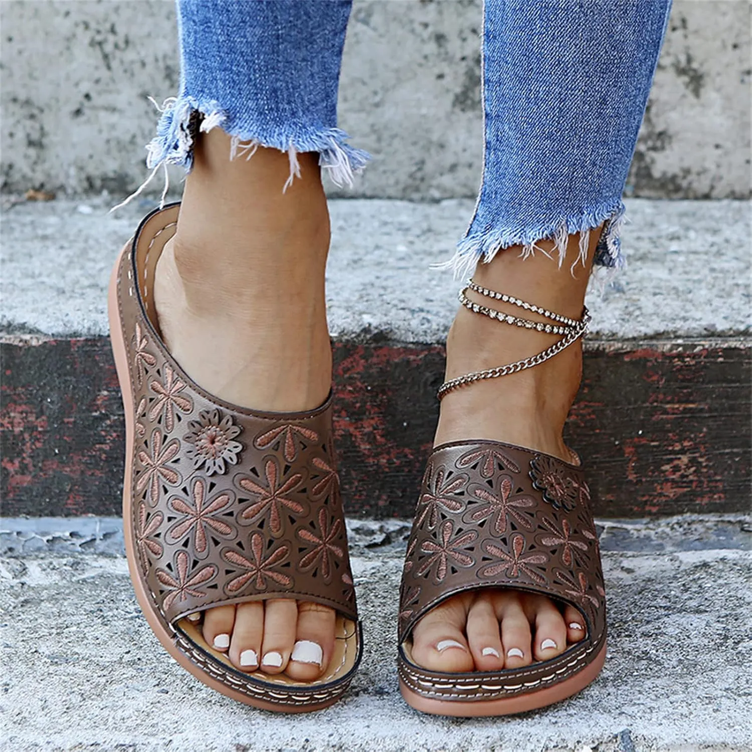 Lausiuoe Orthopedic Sandals Women Dressy Summer Flat Sandals Comfort Plantar Fasciitis Arch Support Slip on Orthotic Slides
