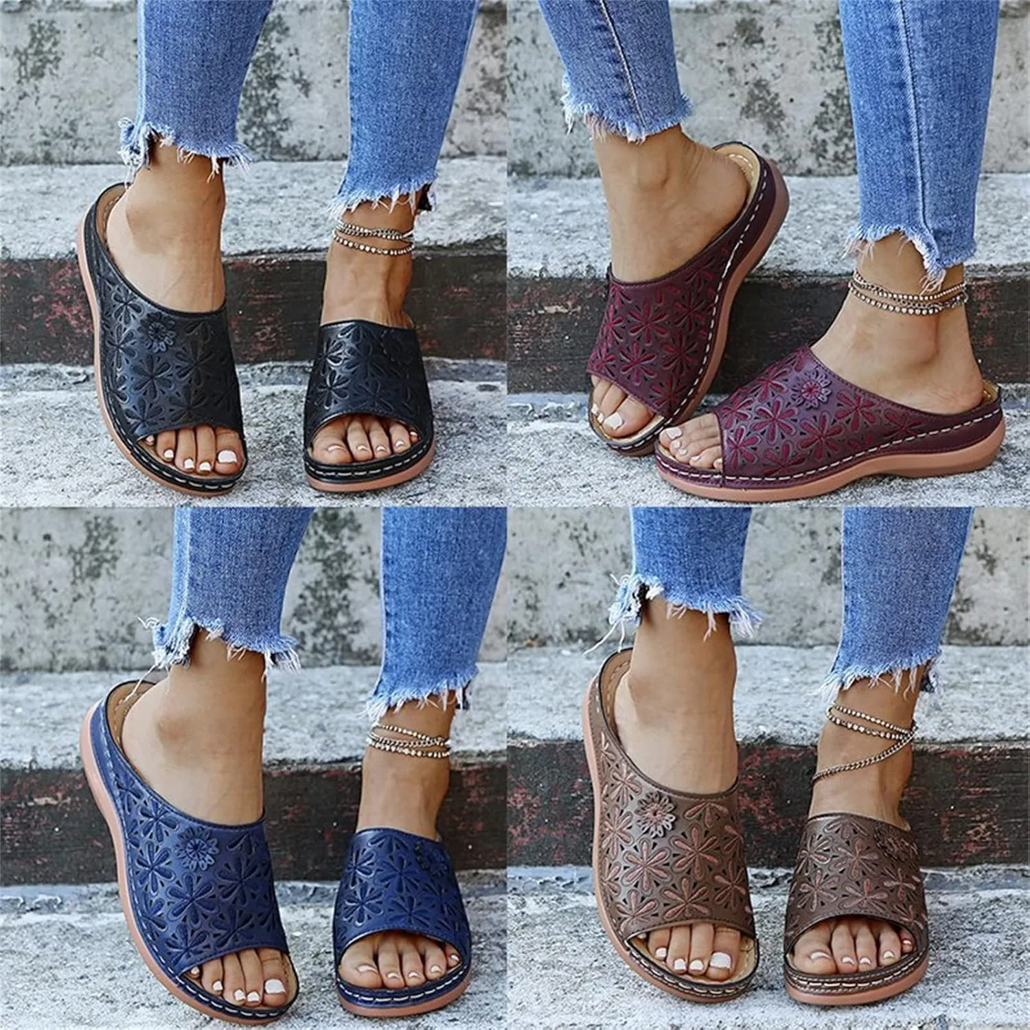 Lausiuoe Orthopedic Sandals Women Dressy Summer Flat Sandals Comfort Plantar Fasciitis Arch Support Slip on Orthotic Slides