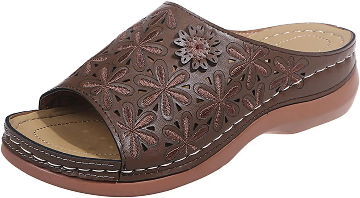 Lausiuoe Orthopedic Sandals Women Dressy Summer Flat Sandals Comfort Plantar Fasciitis Arch Support Slip on Orthotic Slides