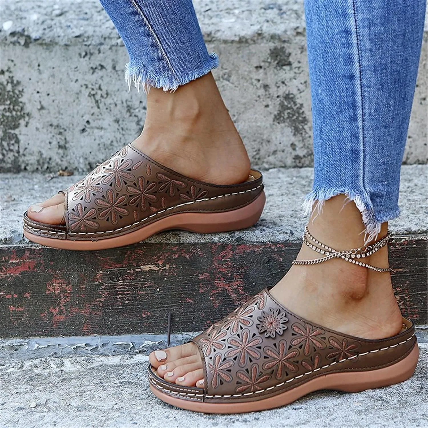 Lausiuoe Orthopedic Sandals Women Dressy Summer Flat Sandals Comfort Plantar Fasciitis Arch Support Slip on Orthotic Slides