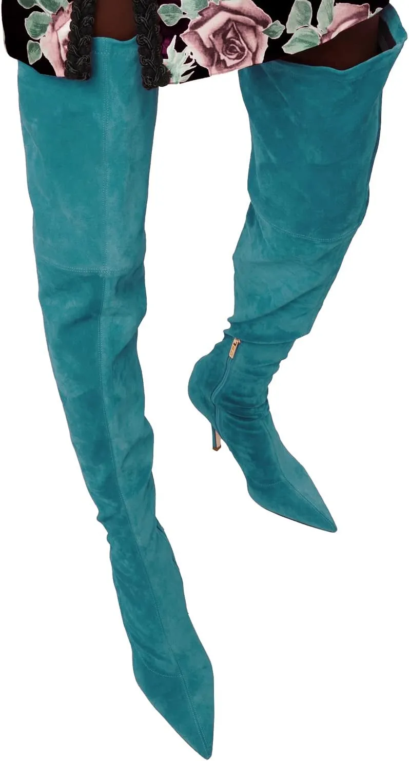 LEHOOR Sexy High Heels Thigh High Stiletto Boots Women Pointed Toe Stretch Zip Kitten Heel Suede Over Knee Boots 4-11 M US