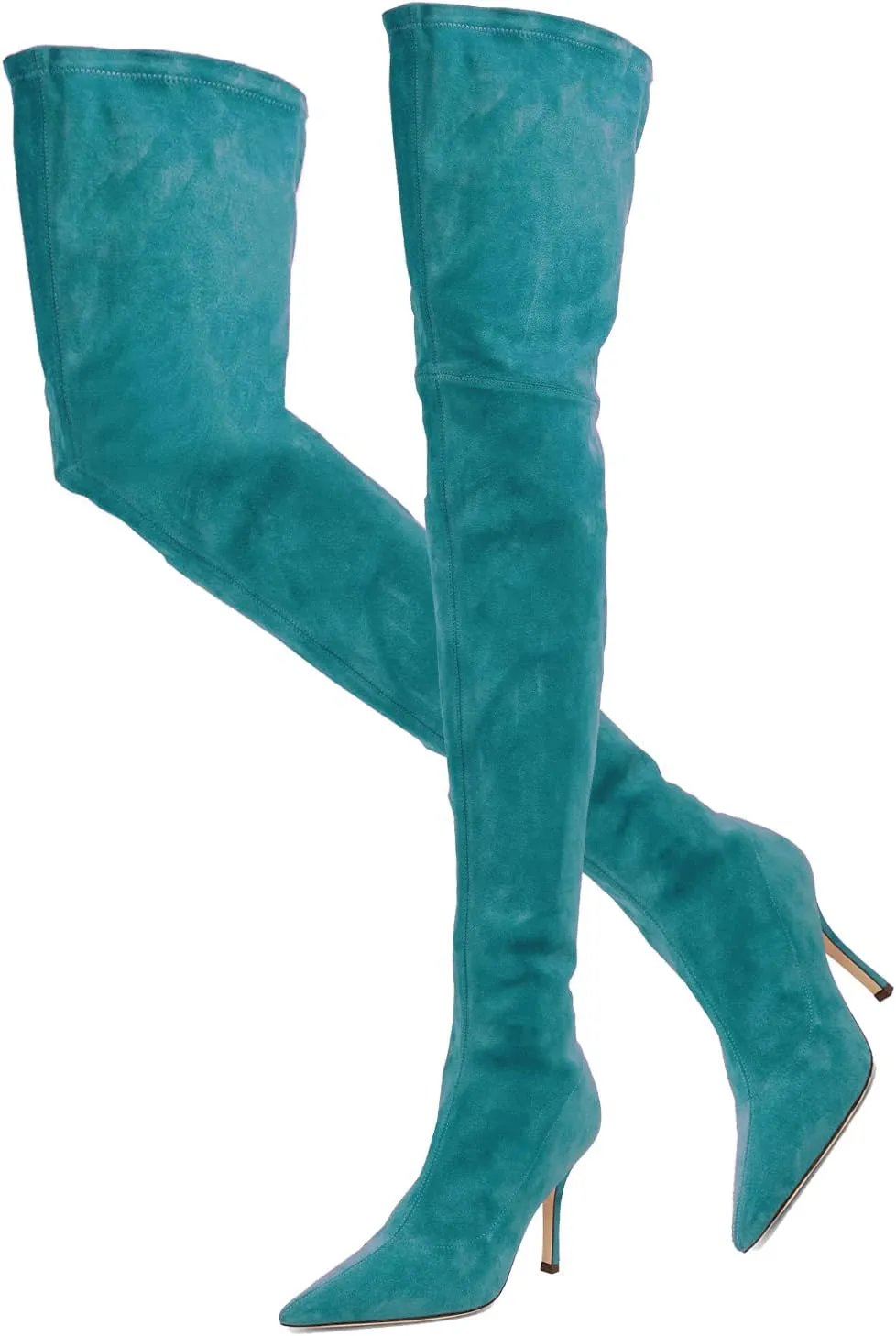 LEHOOR Sexy High Heels Thigh High Stiletto Boots Women Pointed Toe Stretch Zip Kitten Heel Suede Over Knee Boots 4-11 M US