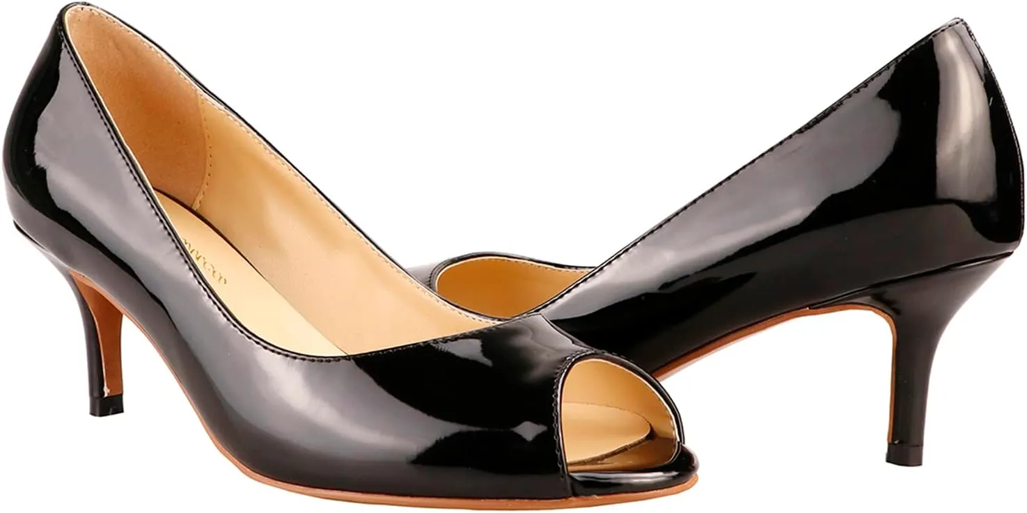 Lutalica W Women's Classic Open Toe Low Kitten Heel Sandals Slip On Medium Heel Peep Toe Dress Pumps