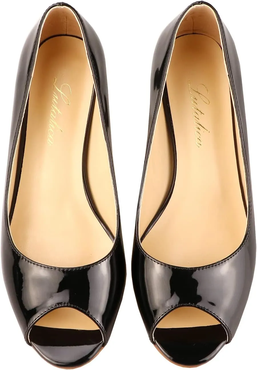 Lutalica W Women's Classic Open Toe Low Kitten Heel Sandals Slip On Medium Heel Peep Toe Dress Pumps