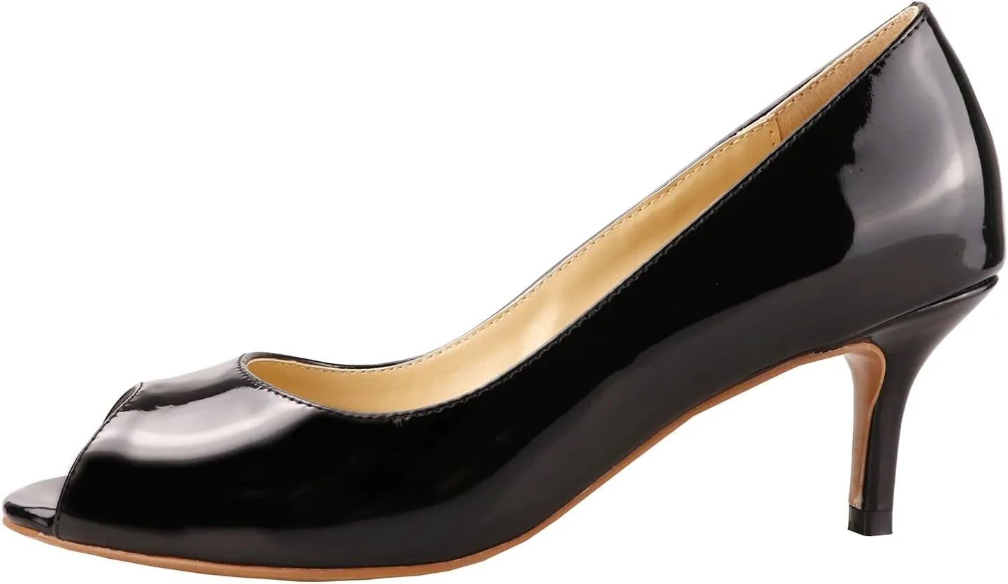 Lutalica W Women's Classic Open Toe Low Kitten Heel Sandals Slip On Medium Heel Peep Toe Dress Pumps