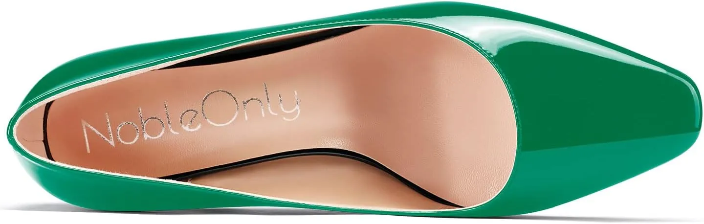 NobleOnly Women High Chunky Block Heel Square Close Toe Slip-on Pumps Classic Cute Dress Shoes 3.3 Inches Heels