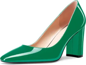 NobleOnly Women High Chunky Block Heel Square Close Toe Slip-on Pumps Classic Cute Dress Shoes 3.3 Inches Heels