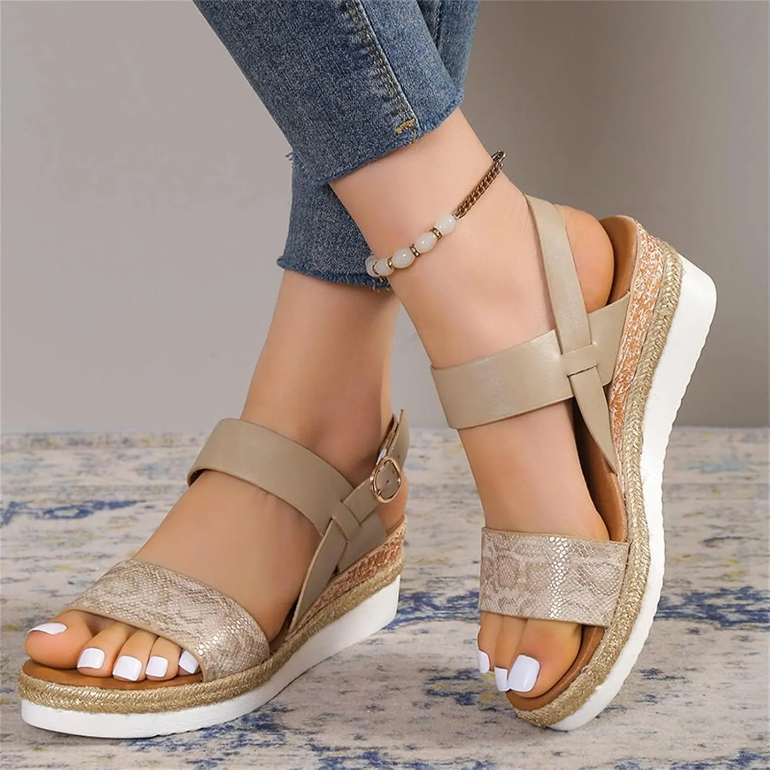 Orthopedic Sandals for Women 2025 Wedges Heels for Women Casual Slip on Sandals Beach Dress Comfortable Platform Sandal Espadrille Raffia Sole Outdoor Platform Sandal 2025