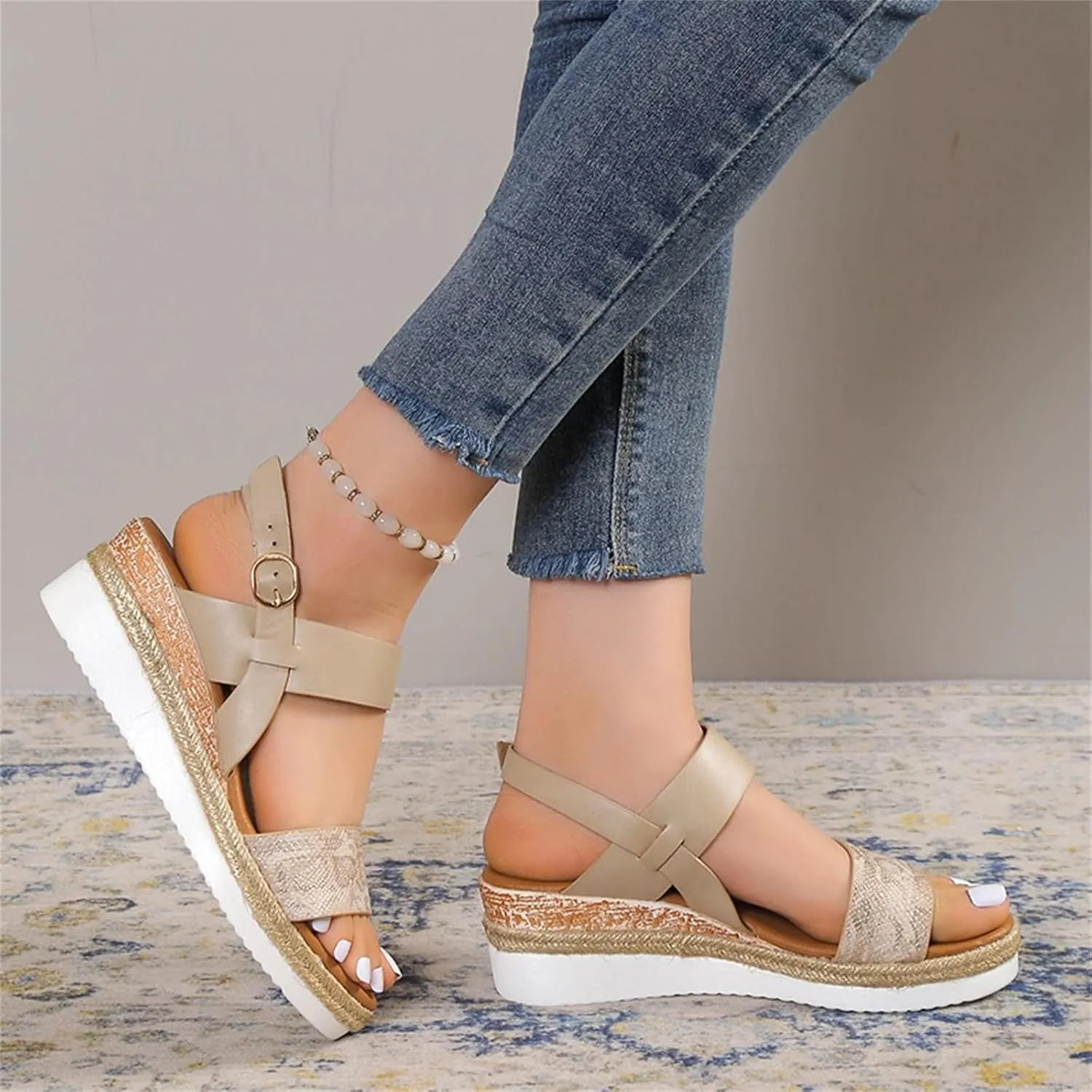 Orthopedic Sandals for Women 2025 Wedges Heels for Women Casual Slip on Sandals Beach Dress Comfortable Platform Sandal Espadrille Raffia Sole Outdoor Platform Sandal 2025