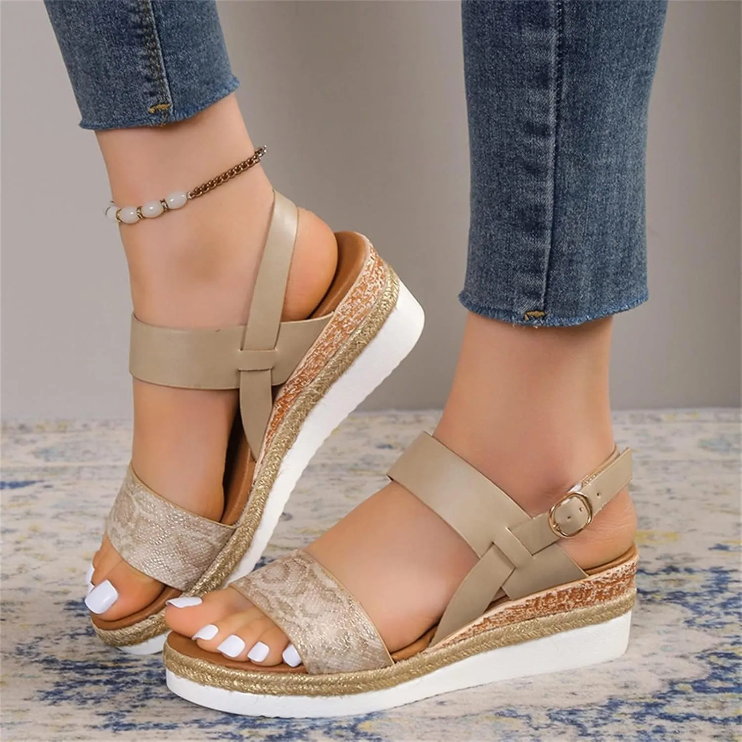 Orthopedic Sandals for Women 2025 Wedges Heels for Women Casual Slip on Sandals Beach Dress Comfortable Platform Sandal Espadrille Raffia Sole Outdoor Platform Sandal 2025
