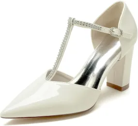 Pointed Toe T-Strap High Heel Sandals Block Heeled Sandal Pumps Heels for Women Dressy Wedding Dress Shoes for Bride