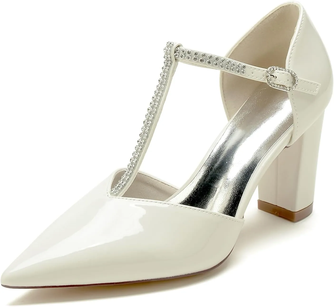 Pointed Toe T-Strap High Heel Sandals Block Heeled Sandal Pumps Heels for Women Dressy Wedding Dress Shoes for Bride