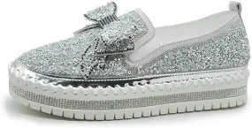 SACFOF Women's Fashion Glitter Slip On Sneakers Rhinestone Bling Platform Walking Shoes Cute Bowknot Sequin Shiny Loafers