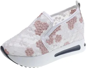 SACFOF Women's Floral Embroidery Breathable Mesh Sneakers Summer Platform Shoes Hidden Wedge High Top Walking Sneakers
