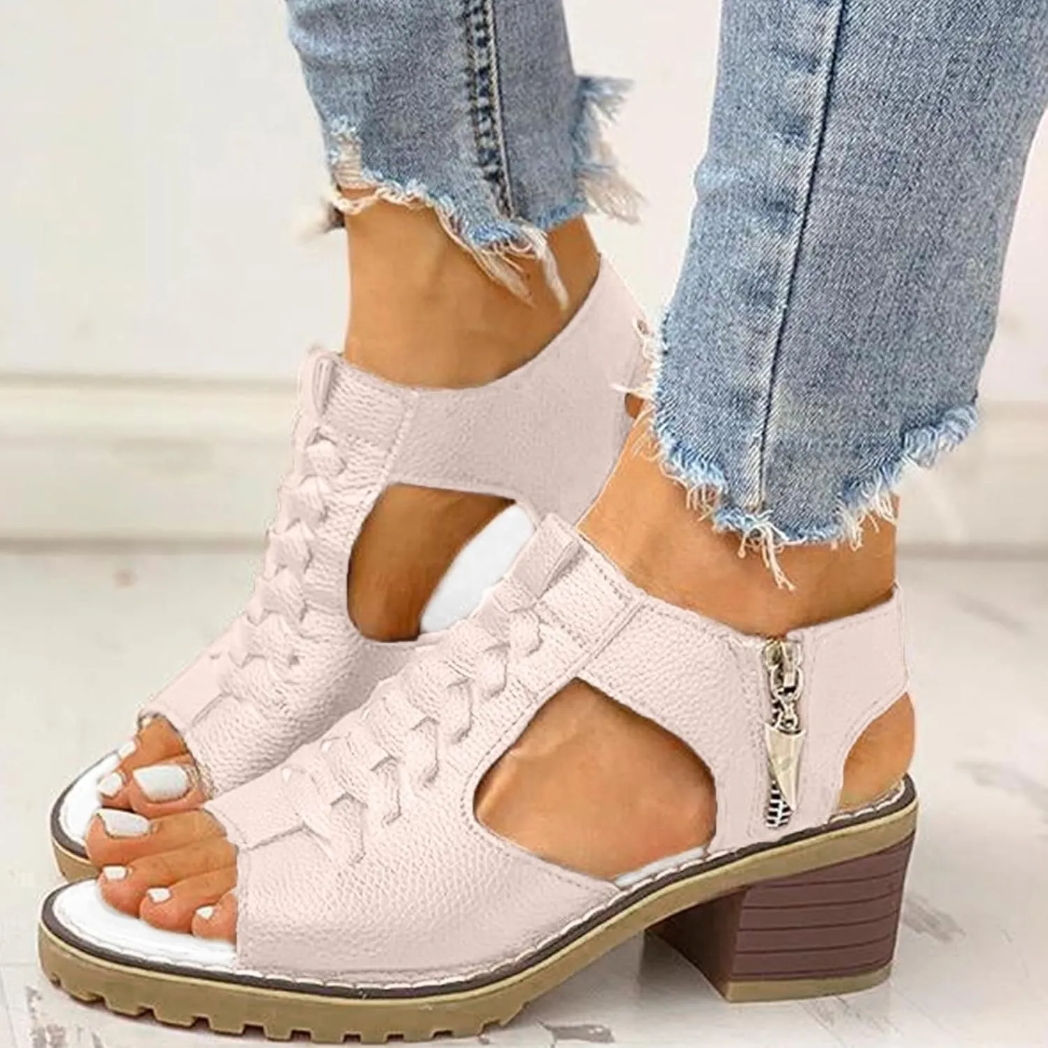 Sandals for Women 2024 Chunky Low Heels PU Heeled Sandals Summer Fashion Open Toe Zip Up Pure Color Sandals Women