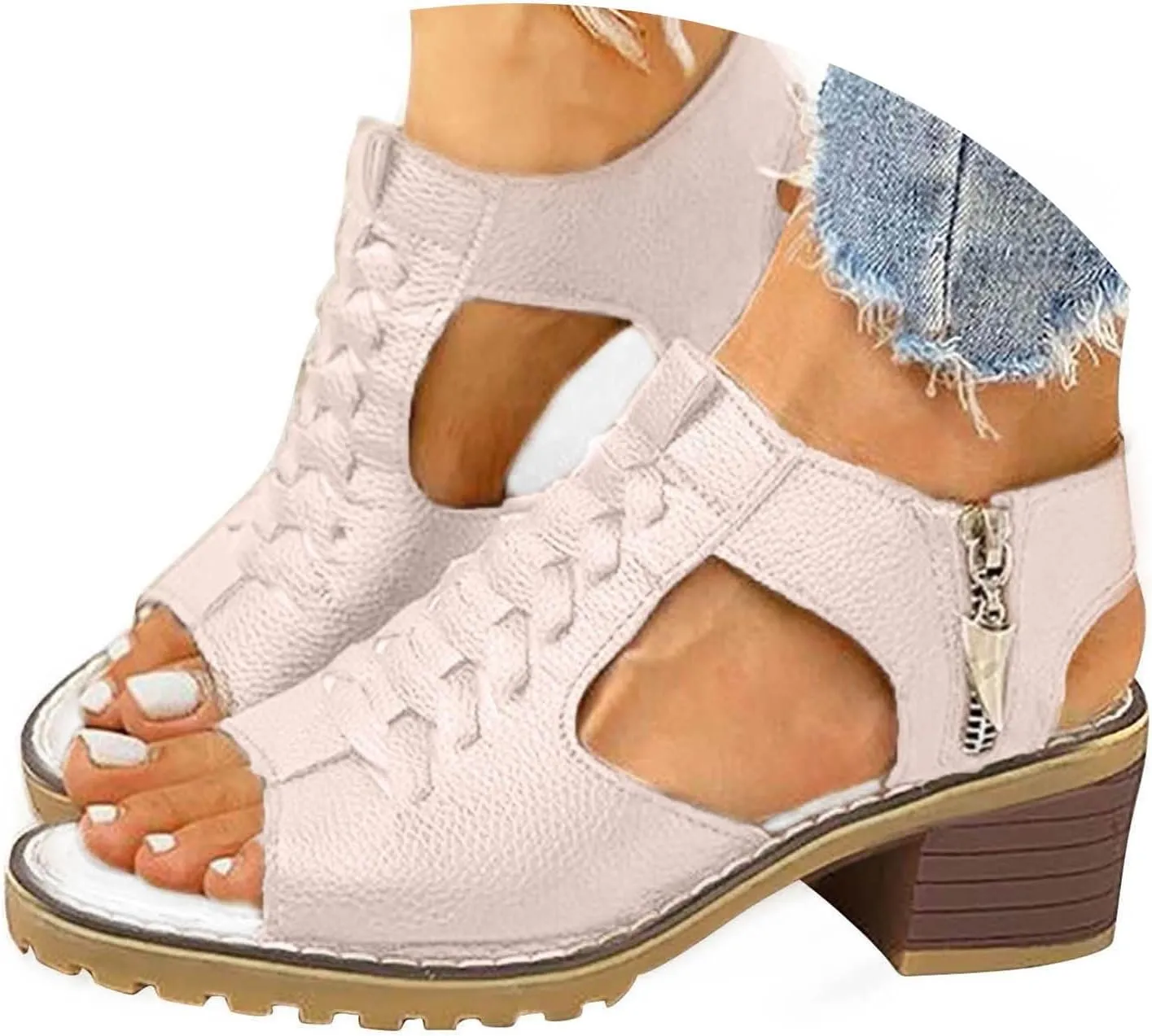 Sandals for Women 2024 Chunky Low Heels PU Heeled Sandals Summer Fashion Open Toe Zip Up Pure Color Sandals Women