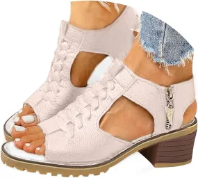 Sandals for Women 2024 Chunky Low Heels PU Heeled Sandals Summer Fashion Open Toe Zip Up Pure Color Sandals Women