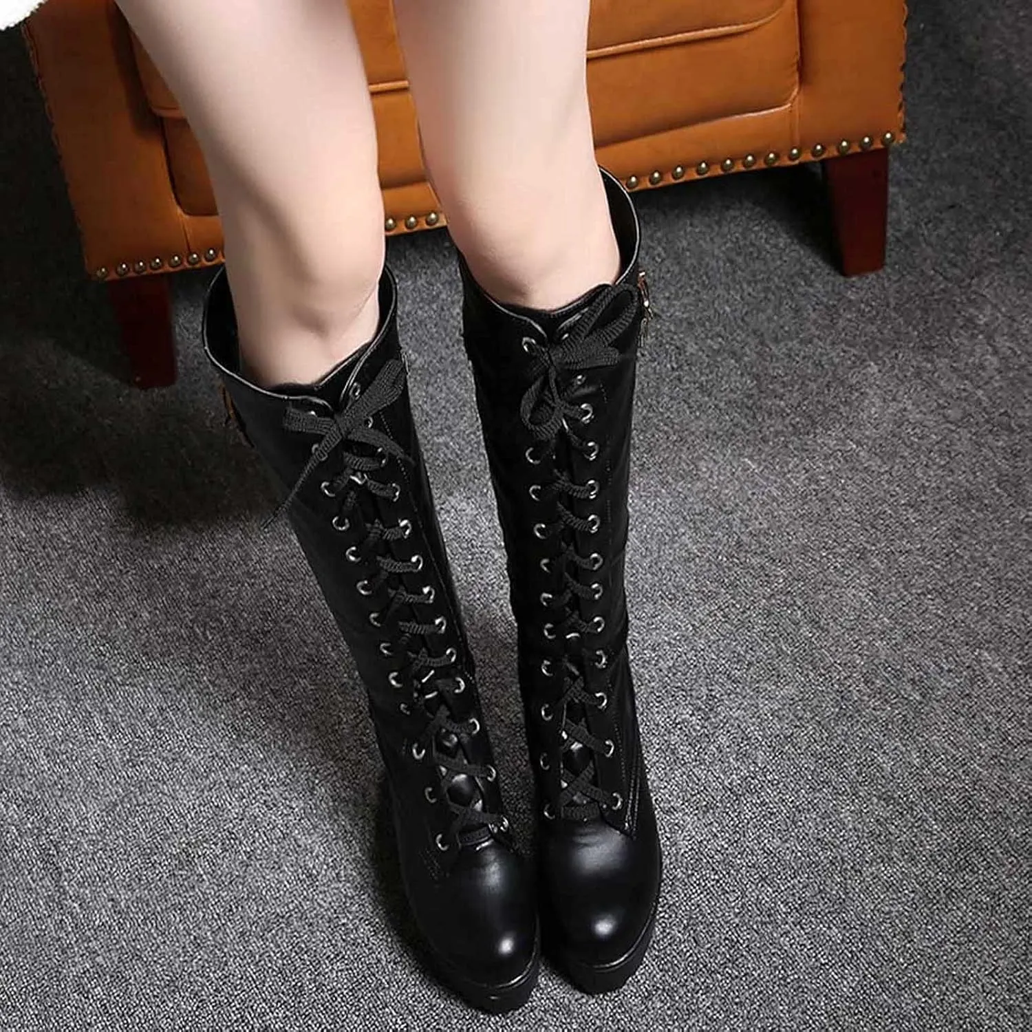 Thic Heeled Lace Up Platform Boots Boots Boots High Heeled Women's Women's Boots Extended Wide Calf Boots
