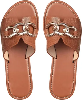 Verdusa Women's Open Toe Chain Flat Sandals Faux Leather Summer Slippers Slip on Slides