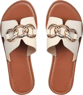Verdusa Women's Open Toe Chain Flat Sandals Faux Leather Summer Slippers Slip on Slides