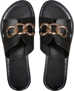 Verdusa Women's Open Toe Chain Flat Sandals Faux Leather Summer Slippers Slip on Slides