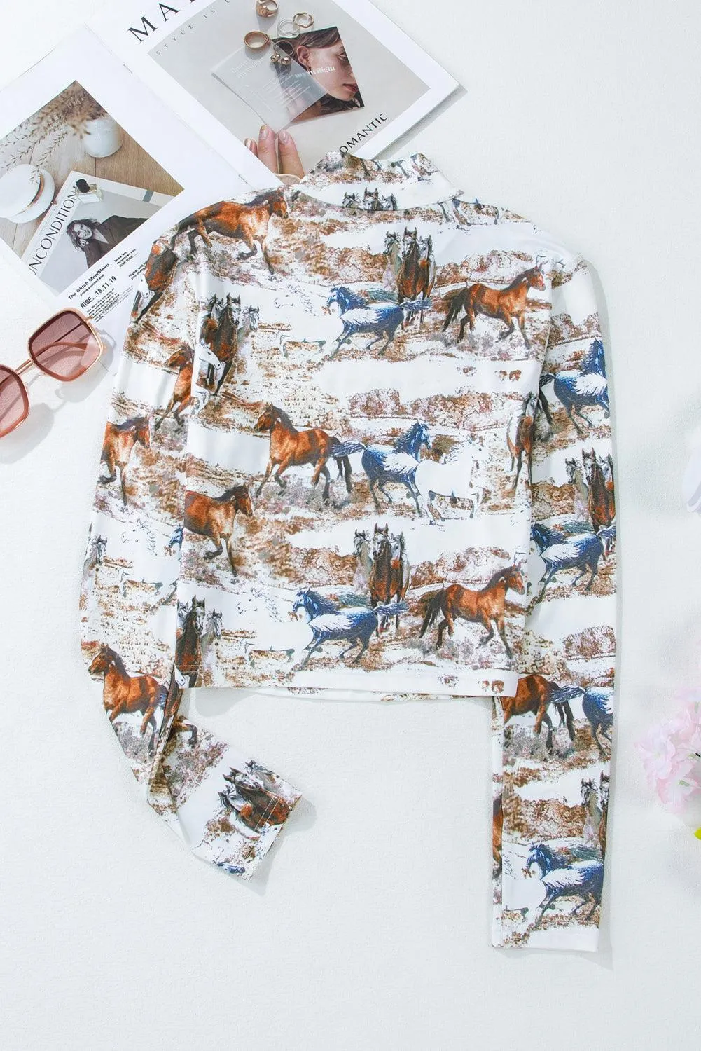 Western Wild Horses Print Hollow-out Long Sleeve Top