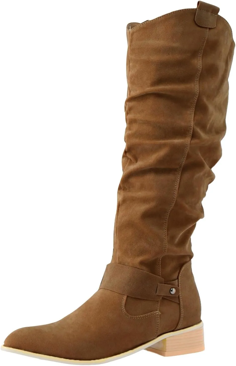 White Cowgirl Boots Retro Solid Color Thigh High Boots Pleated Suede Chunky Heeled Knee High Cowgirl Boots