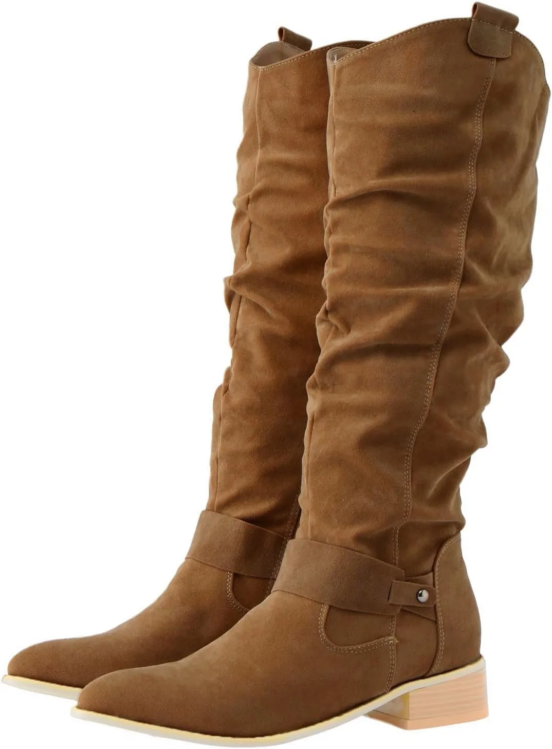 White Cowgirl Boots Retro Solid Color Thigh High Boots Pleated Suede Chunky Heeled Knee High Cowgirl Boots