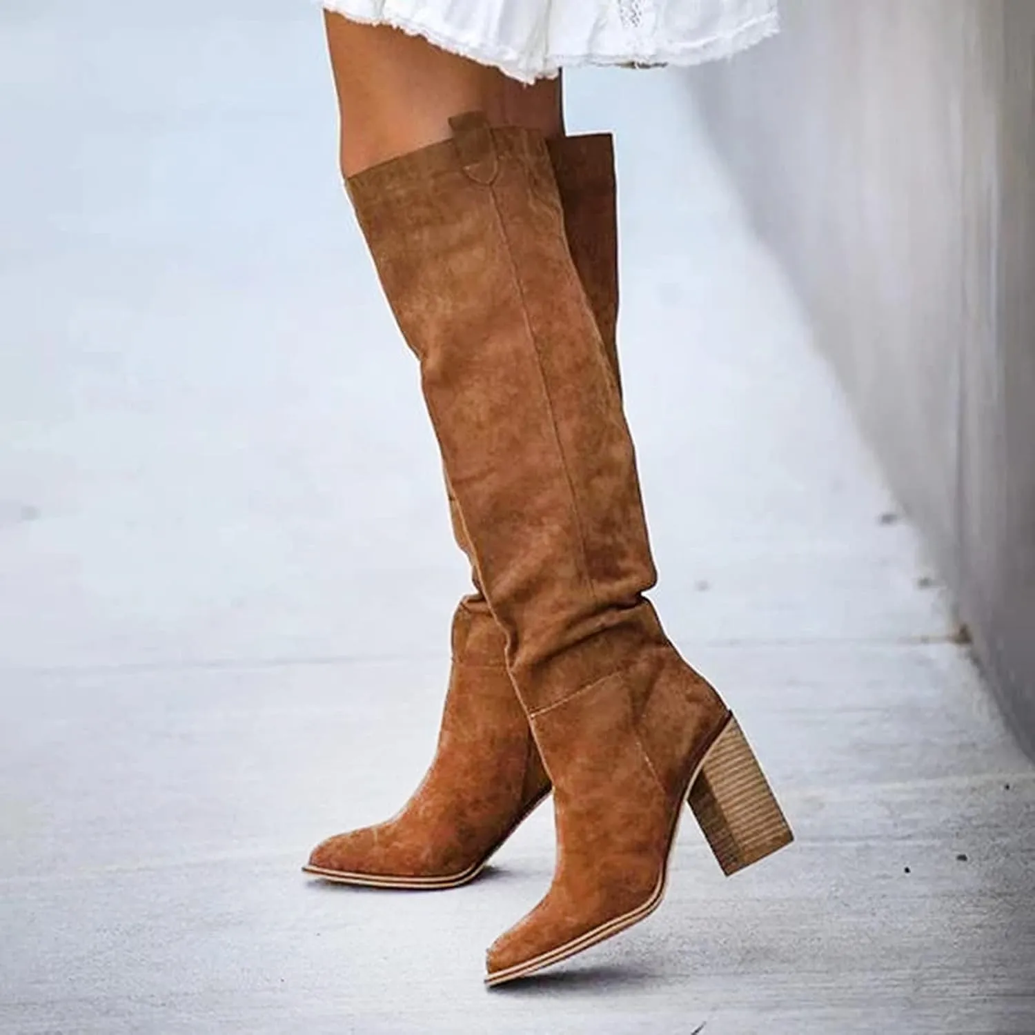 Winter Boots For Women High Chunky Heeled Knee High Boots Pull On Pointed Suede Thigh High Boots Long Bootie