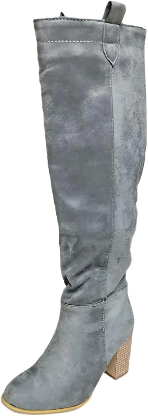 Winter Boots For Women High Chunky Heeled Knee High Boots Pull On Pointed Suede Thigh High Boots Long Bootie