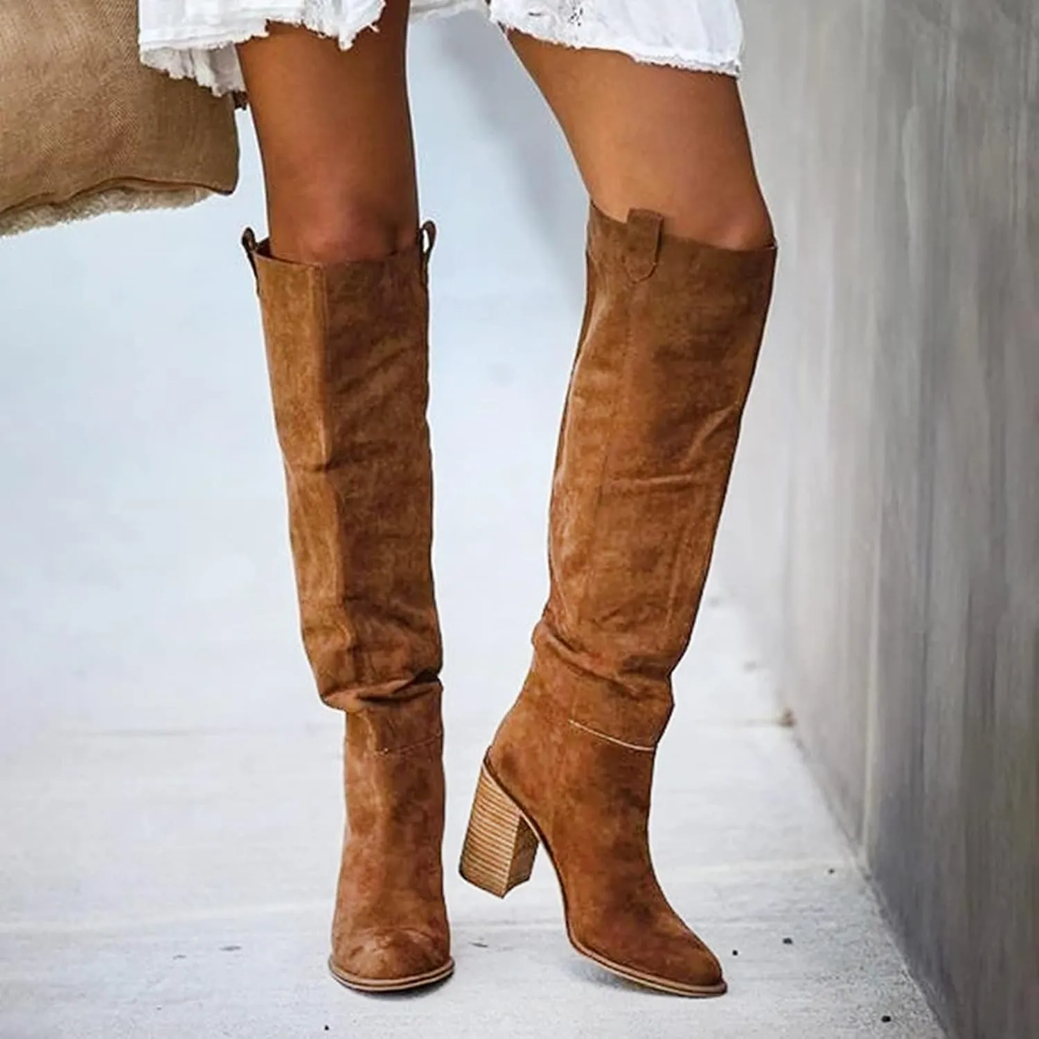 Winter Boots For Women High Chunky Heeled Knee High Boots Pull On Pointed Suede Thigh High Boots Long Bootie