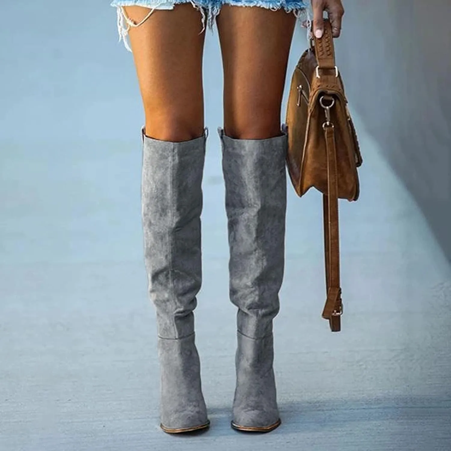 Winter Boots For Women High Chunky Heeled Knee High Boots Pull On Pointed Suede Thigh High Boots Long Bootie