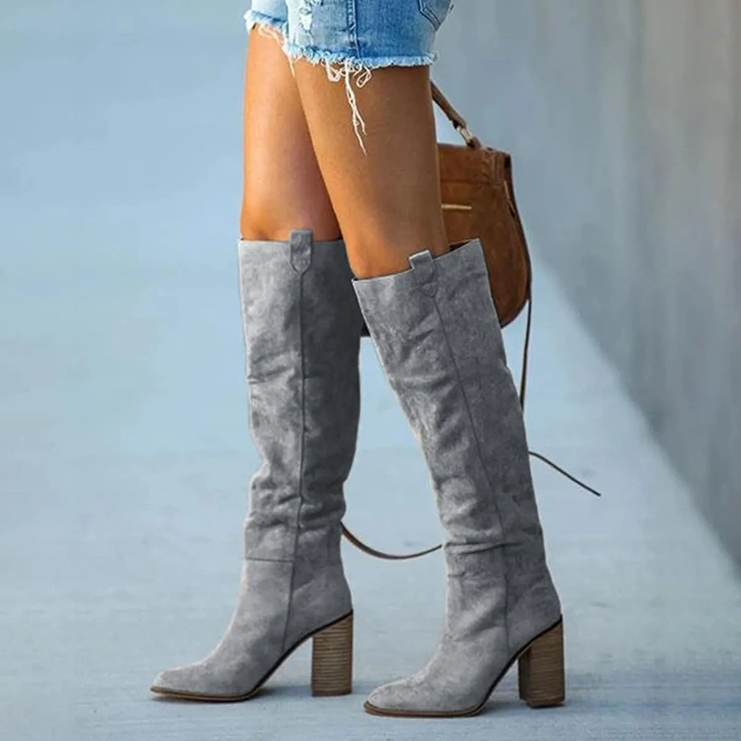 Winter Boots For Women High Chunky Heeled Knee High Boots Pull On Pointed Suede Thigh High Boots Long Bootie