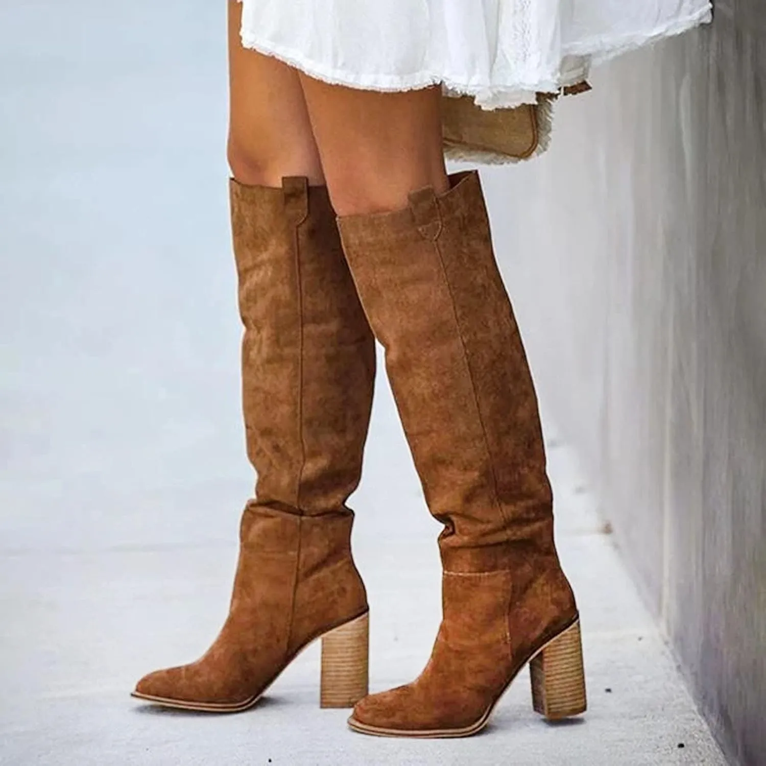 Winter Boots For Women High Chunky Heeled Knee High Boots Pull On Pointed Suede Thigh High Boots Long Bootie