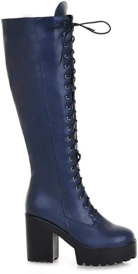 Women's Knee High Goth Platform Buckle Boots Round Toe Chunky High Heel Lace Up Punk Combat Military Boots