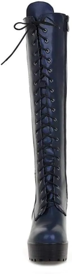 Women's Knee High Goth Platform Buckle Boots Round Toe Chunky High Heel Lace Up Punk Combat Military Boots
