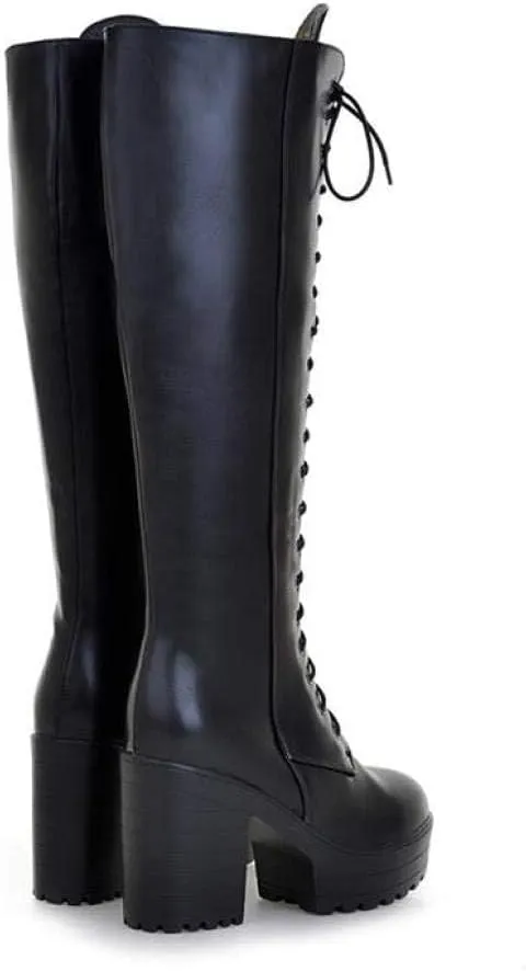 Women's Knee High Goth Platform Buckle Boots Round Toe Chunky High Heel Lace Up Punk Combat Military Boots