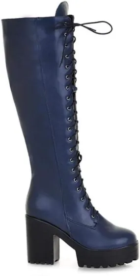 Women's Knee High Goth Platform Buckle Boots Round Toe Chunky High Heel Lace Up Punk Combat Military Boots