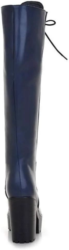 Women's Knee High Goth Platform Buckle Boots Round Toe Chunky High Heel Lace Up Punk Combat Military Boots