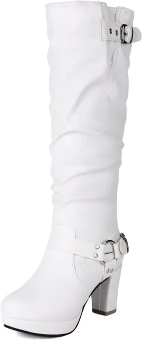 Women's Platform Heel Pleated Knee High Boots Vintage Rivet GOGO Long Boots