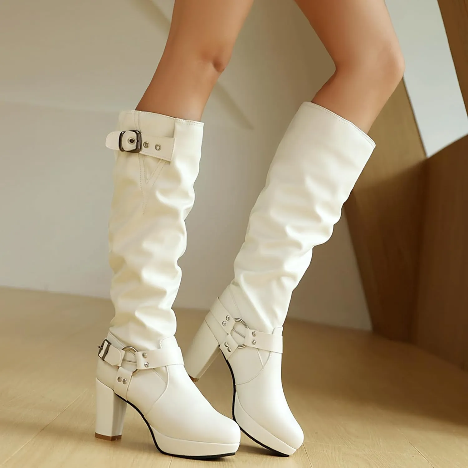 Women's Platform Heel Pleated Knee High Boots Vintage Rivet GOGO Long Boots