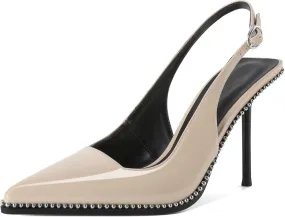 Women's Slingback Pumps Pointed Toe High Stiletto Heels Backless Stretch Beaded Heels 4.2 Inch Dress Pumps Shoes