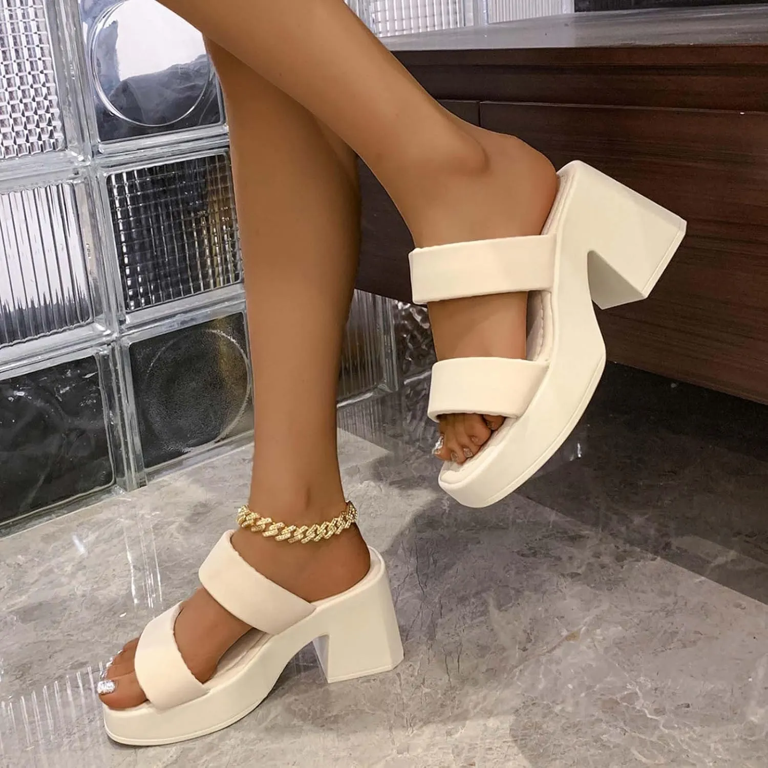 Women's Square Toe Two Strap High Heeled Sandals Chunky Platform Heels for Ladies Summer Comfort Slip on Block Heels